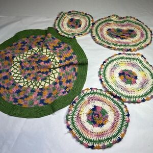 Vintage Handmade Crocheted Potholders. Multicolor, Round Doilies Hand sewn Set 5